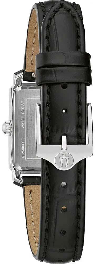 Bulova damklocka med svart läderarmband och boett med text