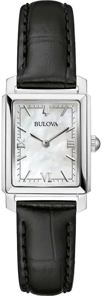 Bulova damklocka med pärlemurtavla och svart läderarmband, fyrkantigt hölje