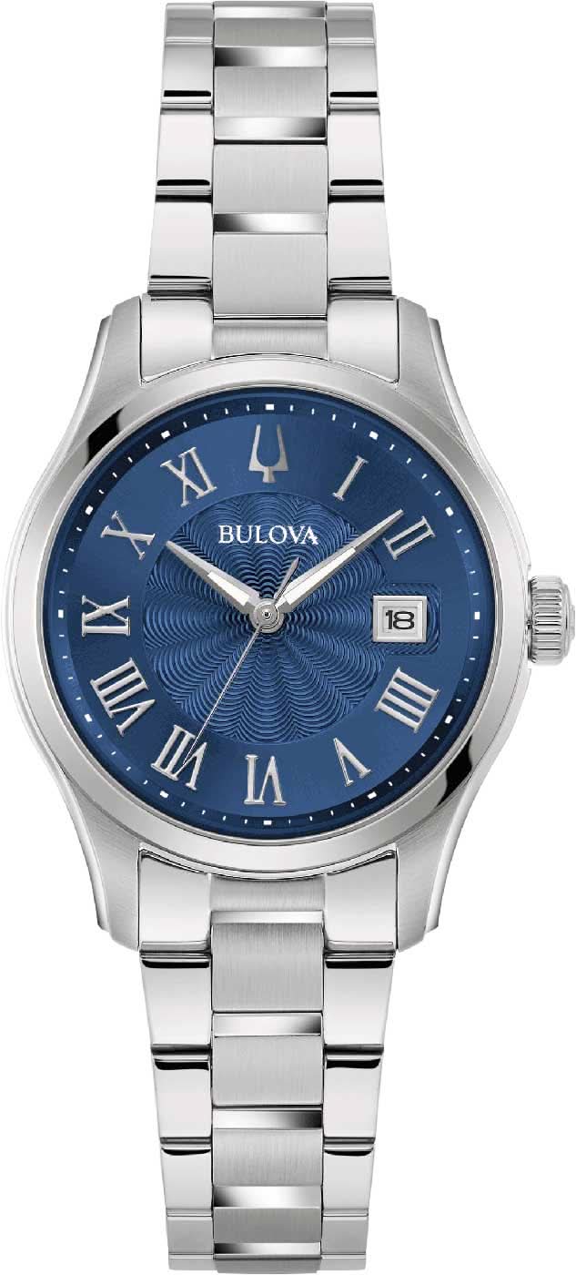 Bulova damklocka med armband i rostfritt stål, blå urtavla, romerska siffror och datumfönster
