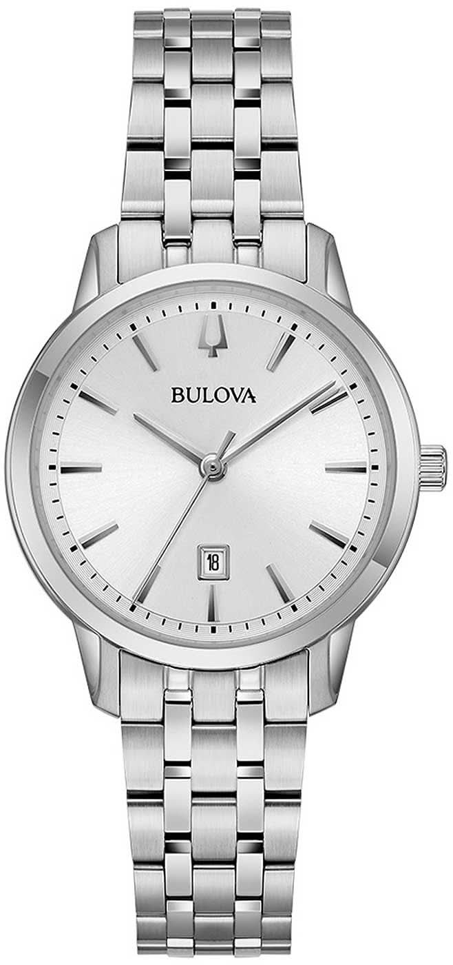 Bulova damklocka med vit urtavla, armband i rostfritt stål och kupat glas