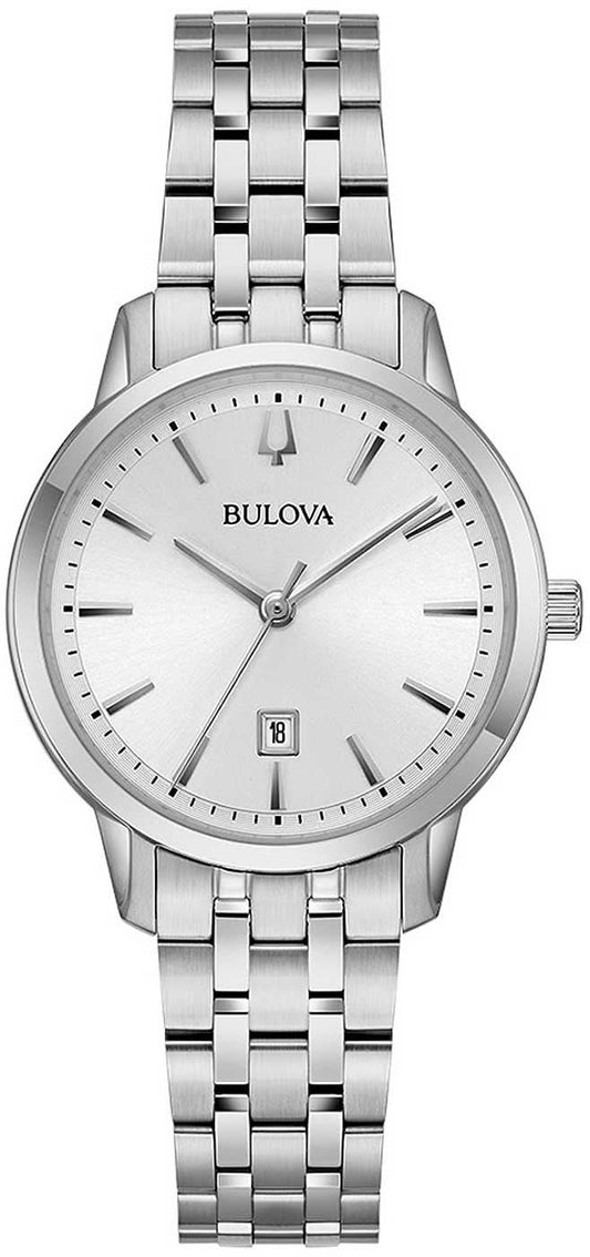 Bulova damklocka med vit urtavla, armband i rostfritt stål och kupat glas