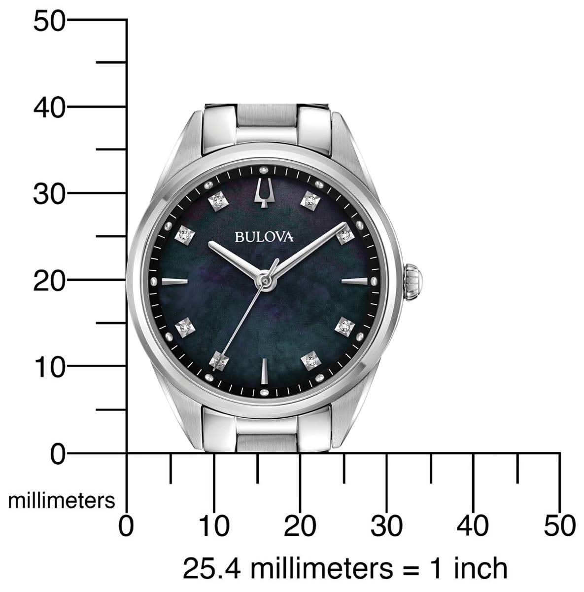 Damklocka med mörk urtavla och diamantmarkörer, mått anges i millimeter