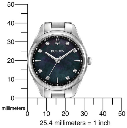 Damklocka med mörk urtavla och diamantmarkörer, mått anges i millimeter