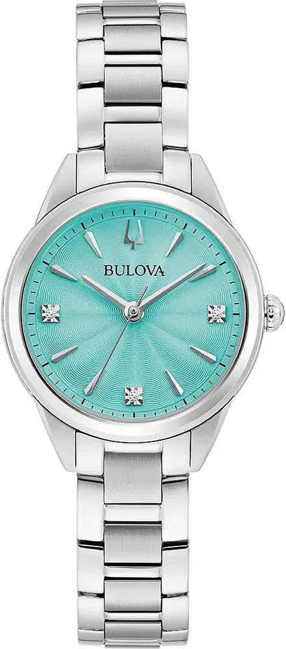 Bulova damklocka med turkos urtavla, diamantmarkörer och stållänk