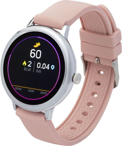 Smartwatch med boett i rund design och rosa silikonarmband, displayvisning