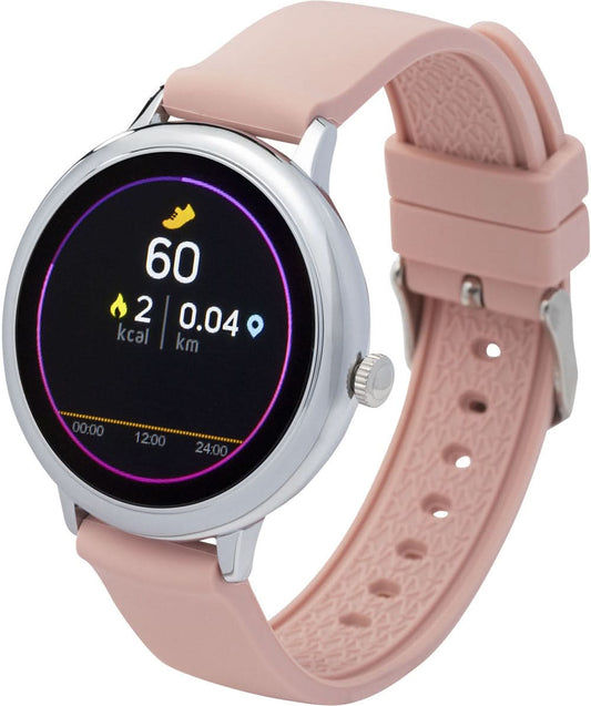 Smartwatch med boett i rund design och rosa silikonarmband, displayvisning