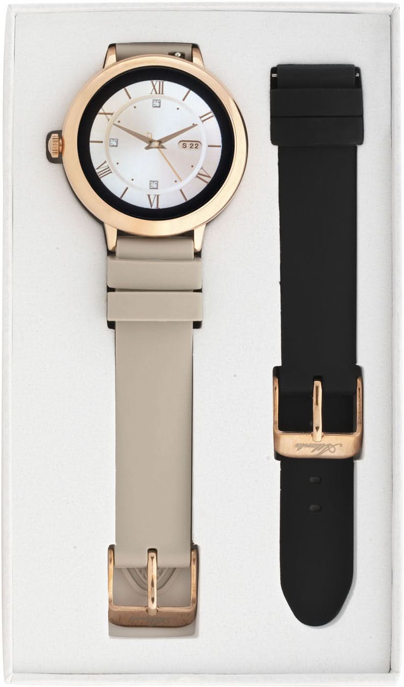 "Atlanta Tech Smartwatch i set: beige armband och svart ersättningsarmband, runt guldfodral"
