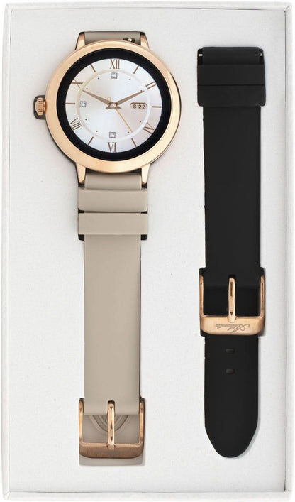 "Atlanta Tech Smartwatch i set: beige armband och svart ersättningsarmband, runt guldfodral"