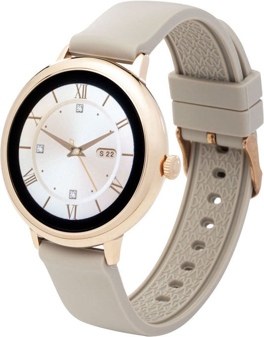 Atlanta Tech Smartwatch med runt guldfärgat hölje, vit urtavla och beige silikonarmband