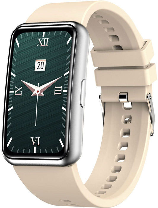 Smartklocka med beige silikonarmband och grön urtavla, rektangulär display