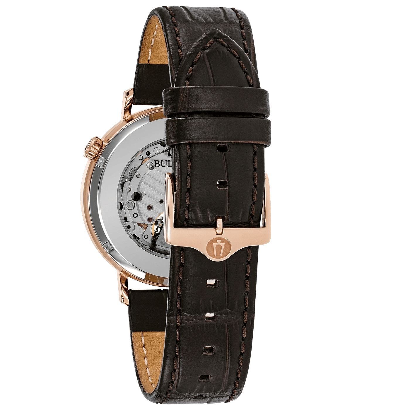 Bulova Aerojet herrklocka: synlig mekanik, roséguldpläterat hölje, mörkbrunt läderband