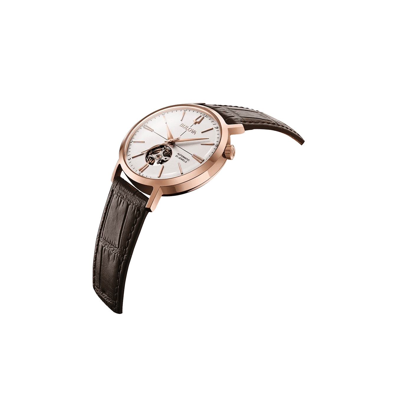Bulova Aerojet herrklocka i tvärsnitt, roséguldpläterat hölje, mörk läderrem