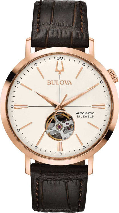 Bulova Aerojet herrklocka: öppet hjärta, beige urtavla, mörkbrunt läderband