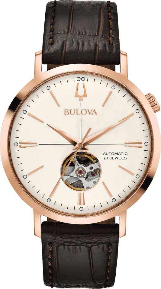 Bulova Aerojet herrklocka: öppet hjärta, beige urtavla, mörkbrunt läderband