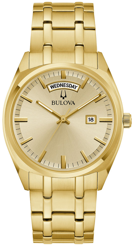 Bulova Herrenarmbanduhr in Gold, rundes Zifferblatt mit Mineralglas und Datum/Wochentag