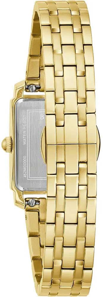 Bulova damklocka med guldfärgat hölje, sidokrona och armband i rostfritt stål