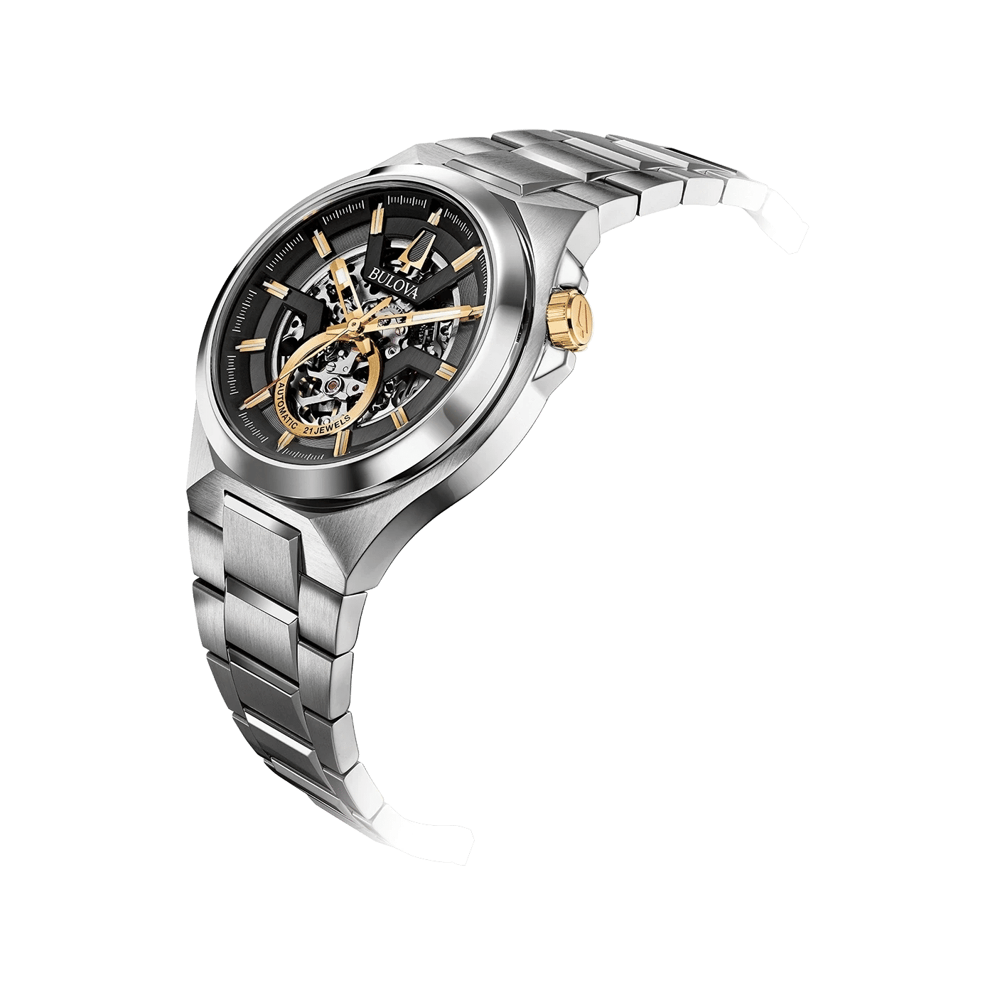 Bulova automatisk klocka i silver, svart urtavla med synligt mekaniskt urverk