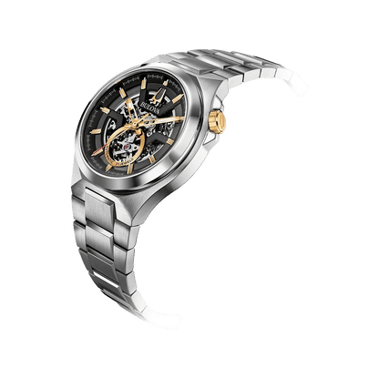 Bulova automatisk klocka i silver, svart urtavla med synligt mekaniskt urverk