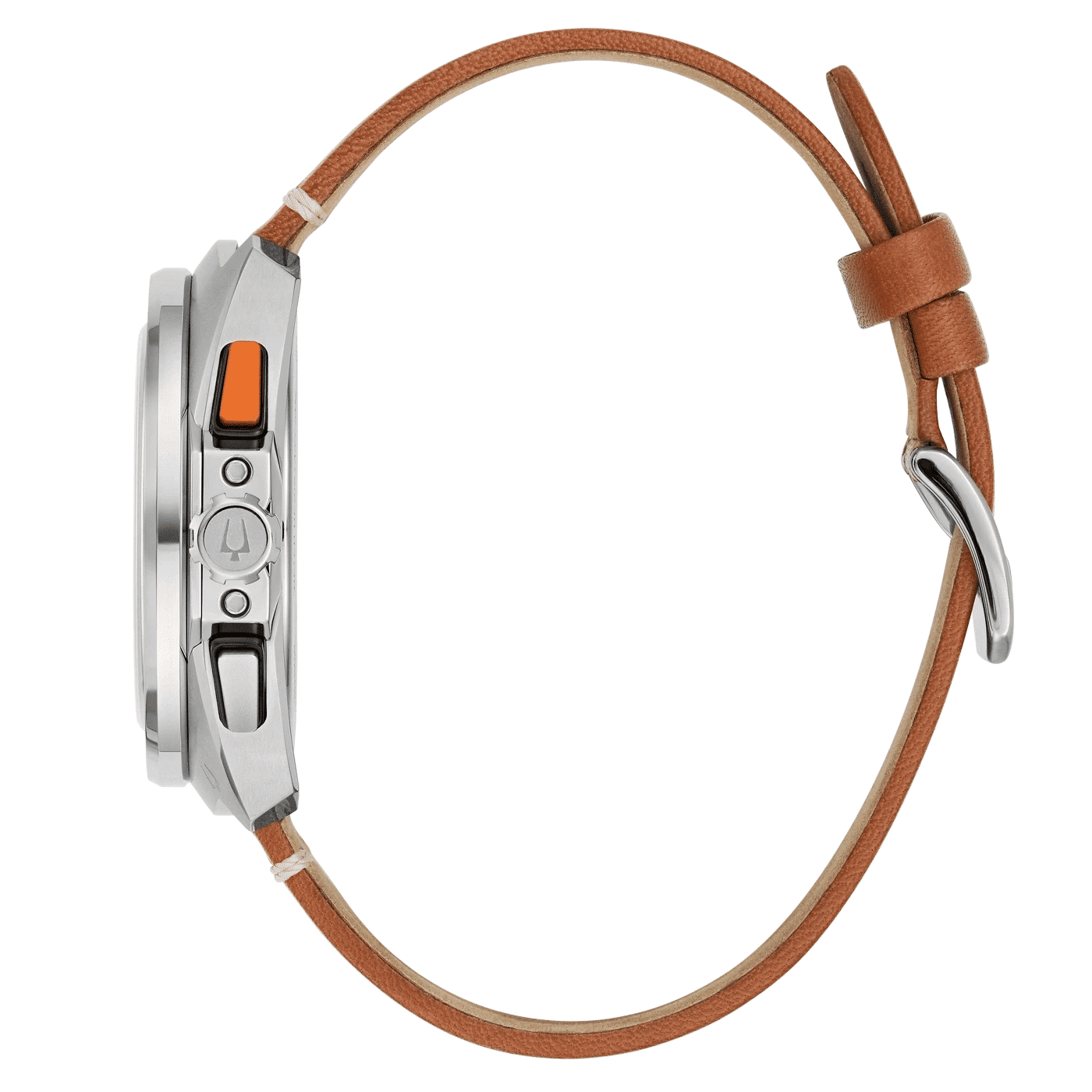 Herrklocka från sidan, silverfärgat hölje med krona och brunt läderarmband