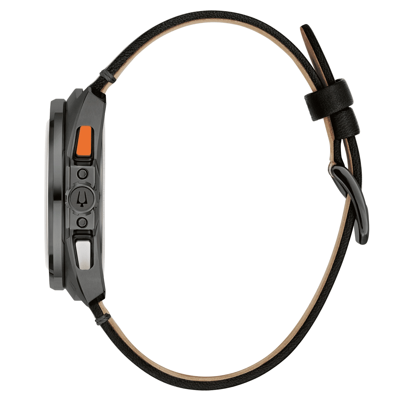 Sidovy av herrklocka: svart boett med krona och svart läderarmband