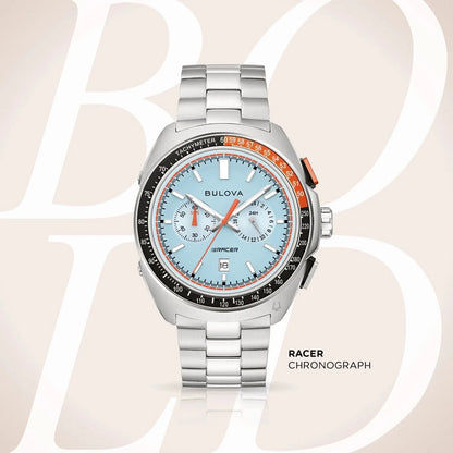 Bulova herrklocka Racer Chronograph, silverfärgat metallarmband, blå urtavla med sub-urtavlor