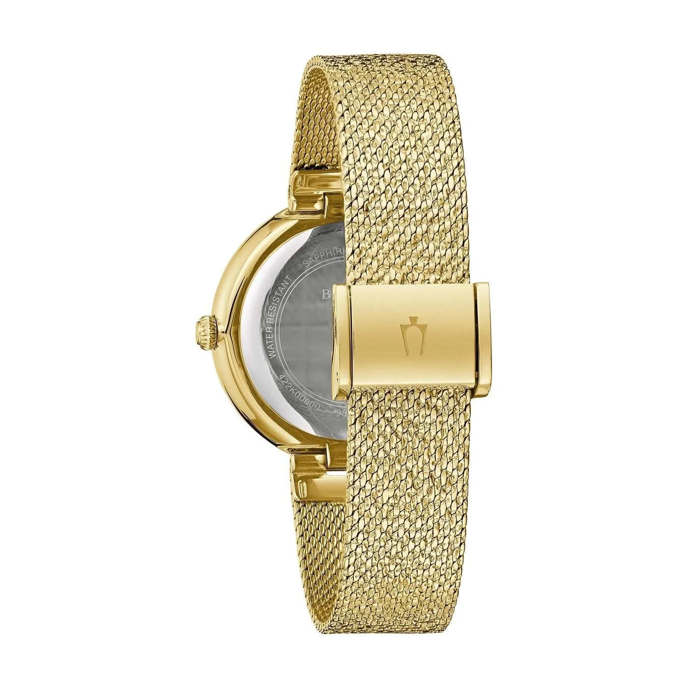 Bulova damklocka med gyllene mesharmband och rund urtavla från sidan