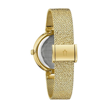 Bulova damklocka med gyllene mesharmband och rund urtavla från sidan