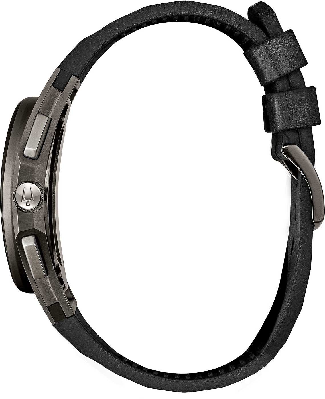 Bulova herrklocka med svart armband, sidovy som visar boett och knappar