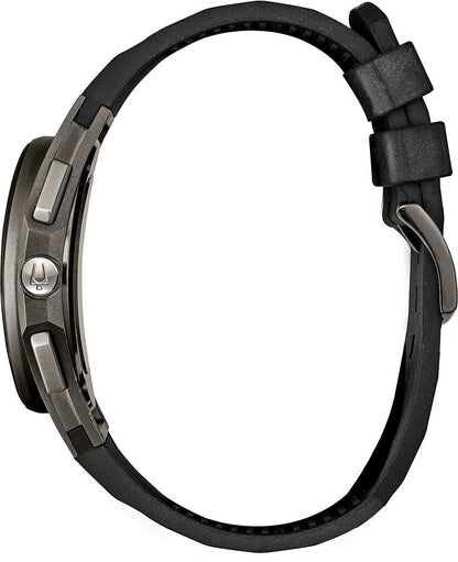 Bulova herrklocka med svart armband, sidovy som visar boett och knappar