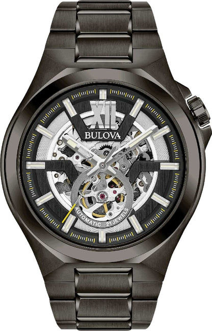 Bulova herrklocka med skeletterad urtavla, automatiskt urverk och svart rostfritt stålarmband