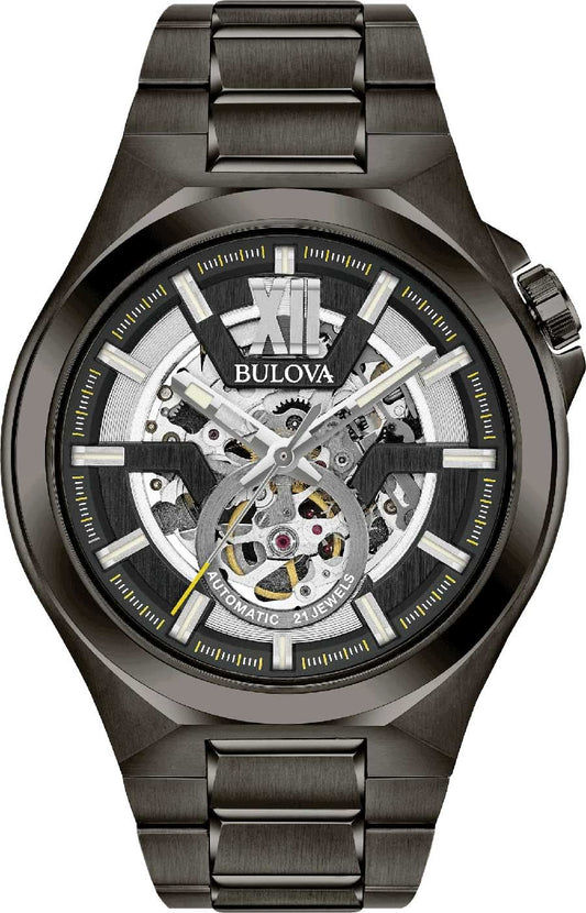 Bulova herrklocka med skeletterad urtavla, automatiskt urverk och svart rostfritt stålarmband