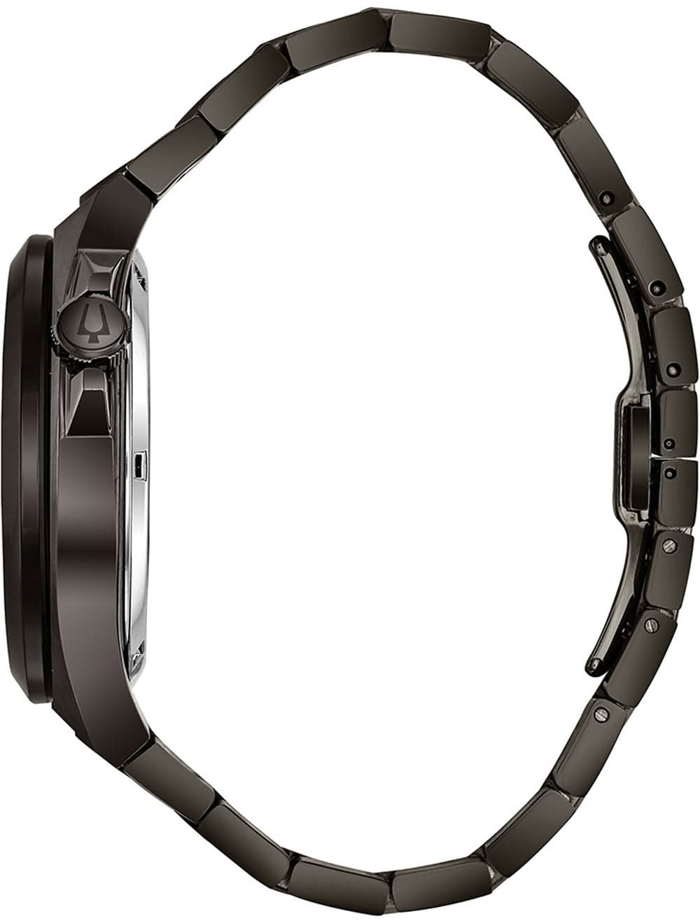 Bulova herrklocka med mörkt armband i rostfritt stål, sidovy
