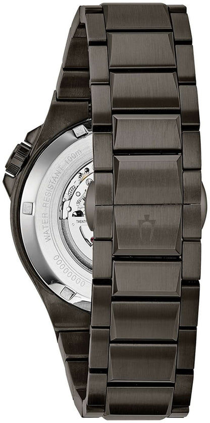 Bulova herrklocka, rund boett i svart med utställningsbaksida och armband i rostfritt stål