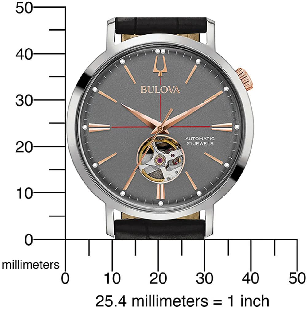 Herrklocka med svart läderarmband, grå urtavla och öppen balans