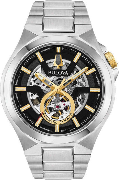 Bulova automatisk klocka med silverfärgat armband i rostfritt stål, svart urtavla och open-heart-design