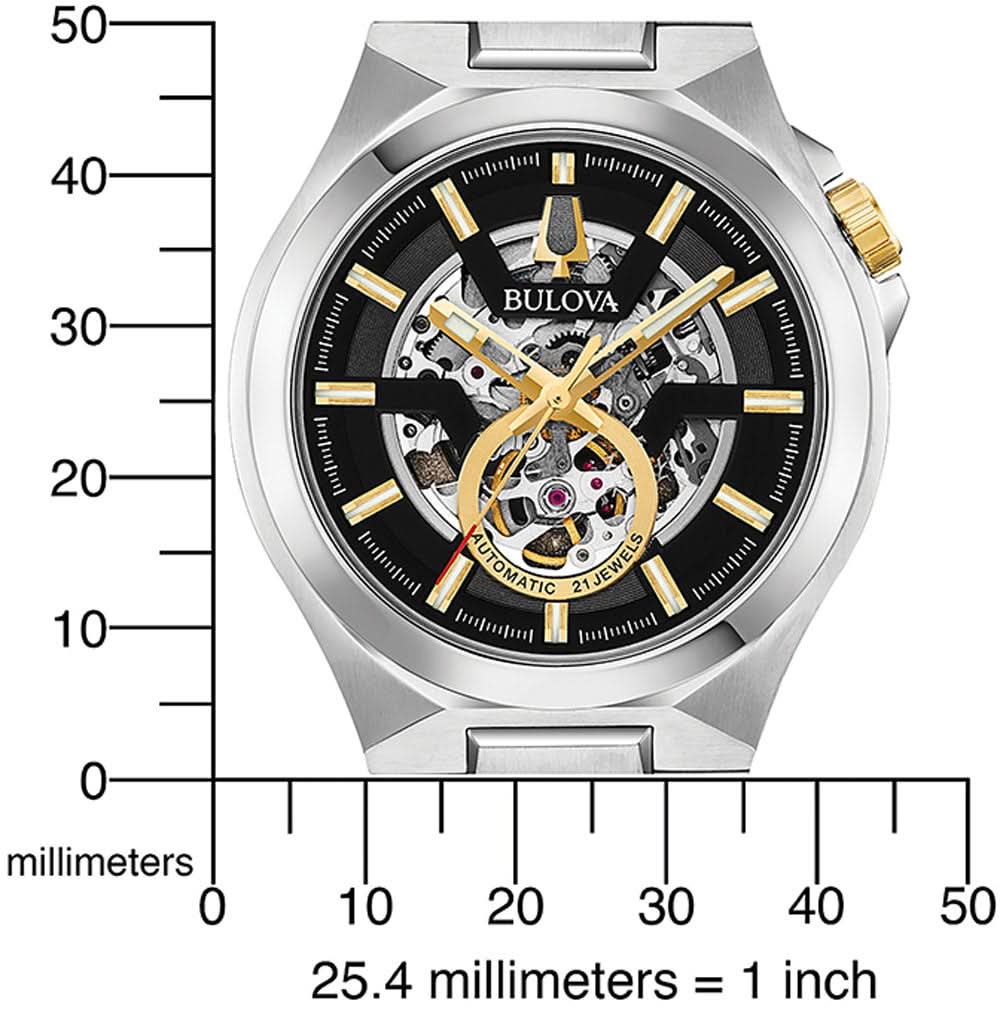 Bulova automatisk klocka med svart urtavla, guldfärgade markörer och open-heart-verk
