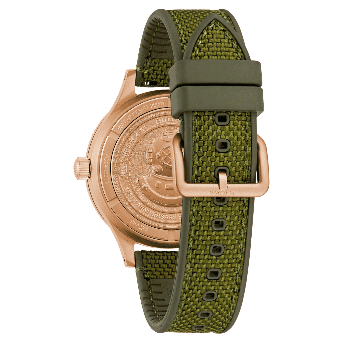 Herrarmbandsur, profilvy med roséguldpläterad infattning och grönt textilarmband med stiftspänne