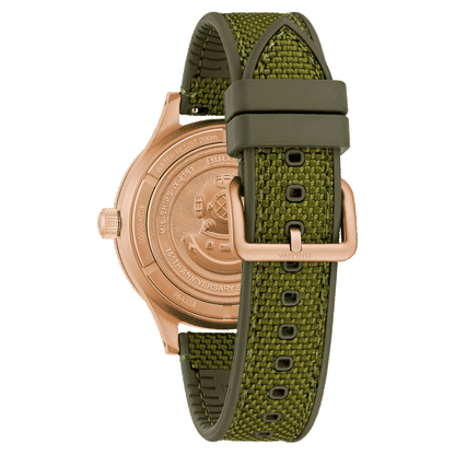 Herrarmbandsur, profilvy med roséguldpläterad infattning och grönt textilarmband med stiftspänne