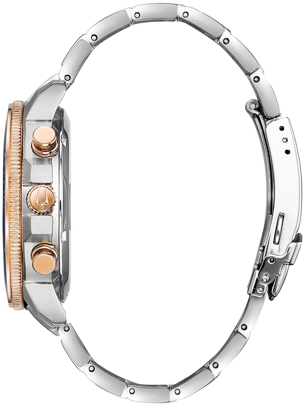 Sidovy av en herrklocka med silverfärgat armband i rostfritt stål och roséguldpläterade knappar