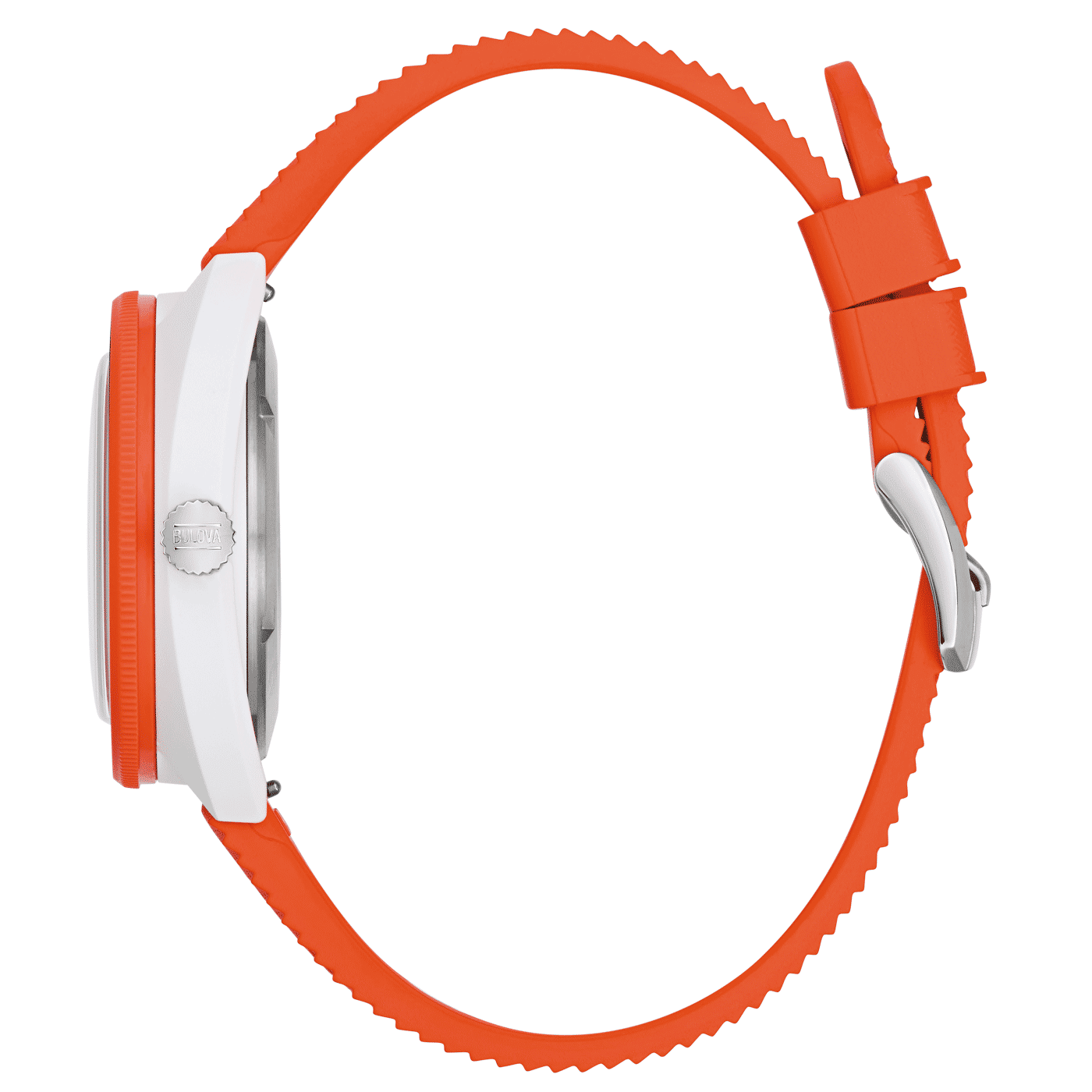 Bulova herrklocka med orange armband och synlig metallboett