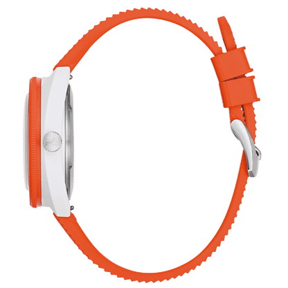 Bulova herrklocka med orange armband och synlig metallboett