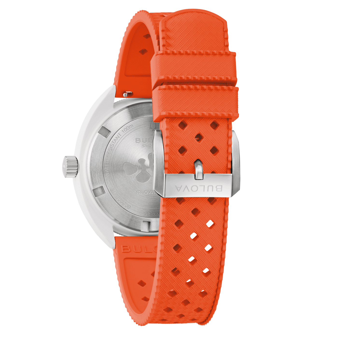 Bulova herrur med orangefärgat perforerat armband och synlig krona