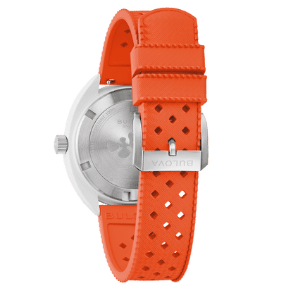 Bulova herrur med orangefärgat perforerat armband och synlig krona