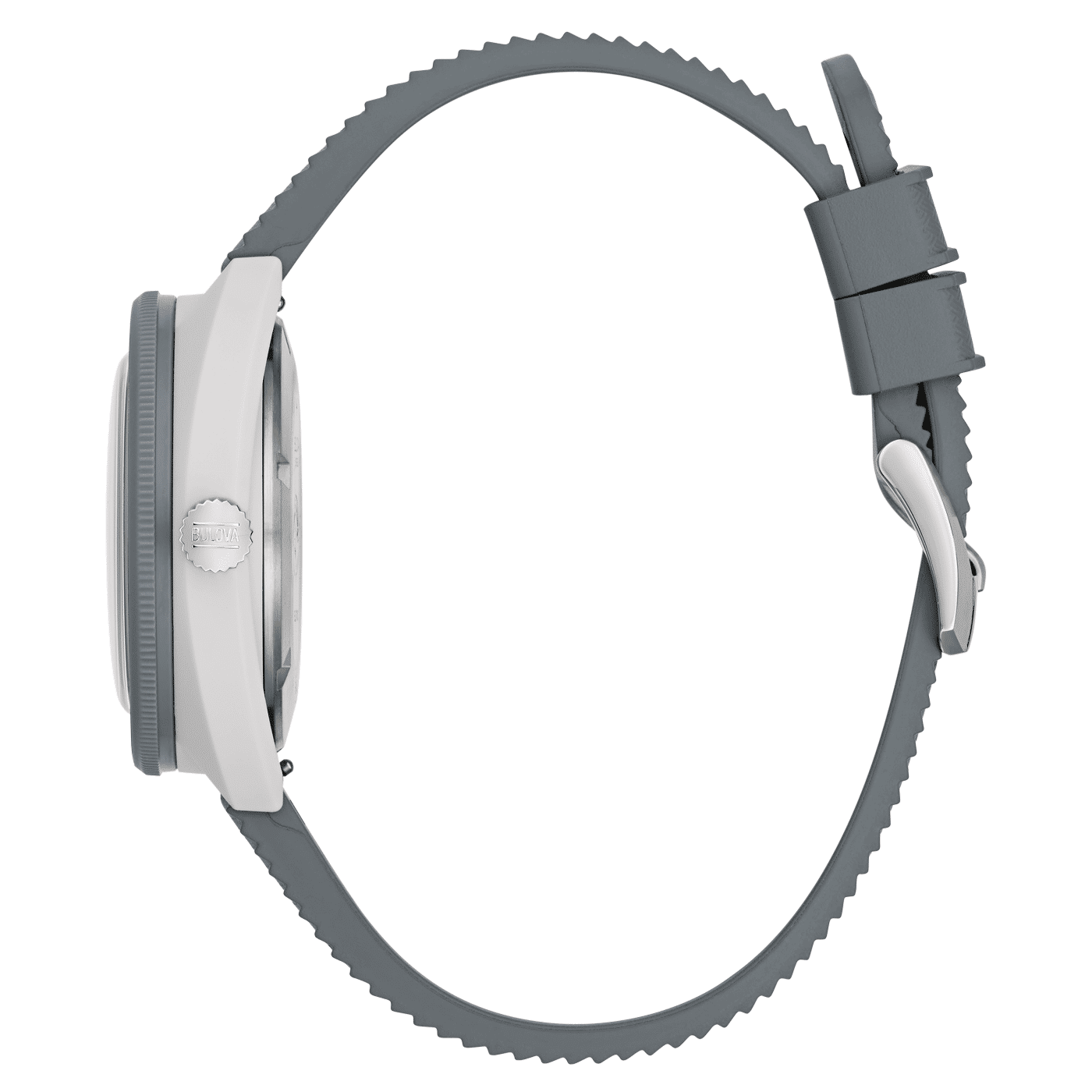 Bulova herrklocka sedd från sidan med grått armband och vit boett