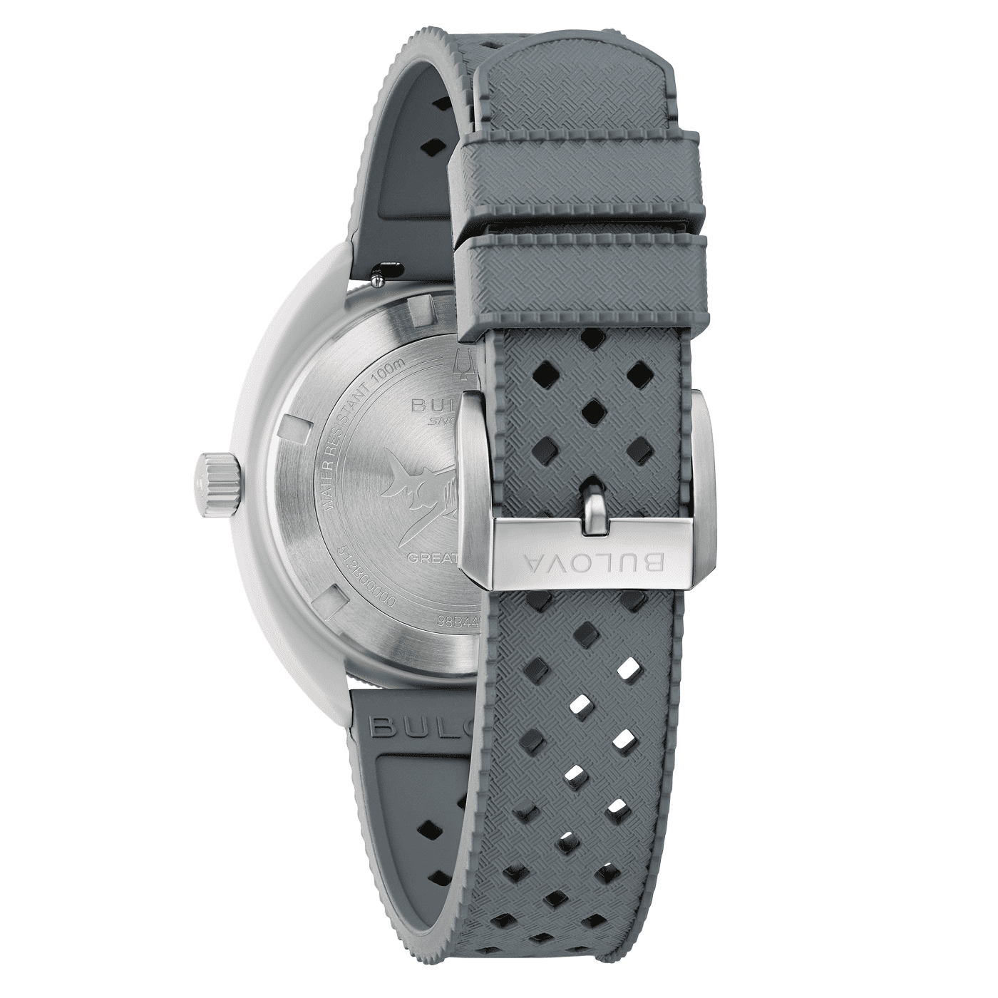 Bulova herrur med grått perforerat armband och silverfärgat hölje