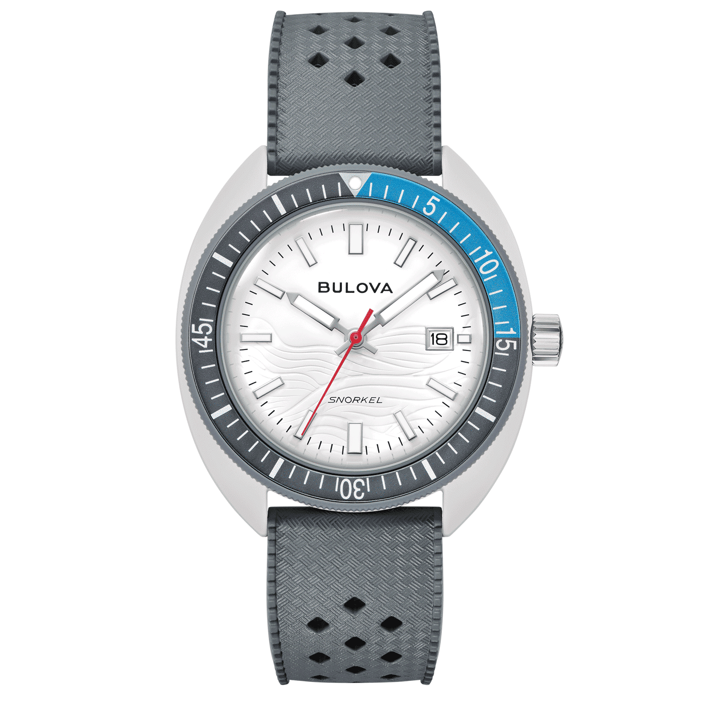Bulova herrklocka med vit urtavla, blå infattning och grått armband