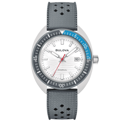 Bulova herrklocka med vit urtavla, blå infattning och grått armband