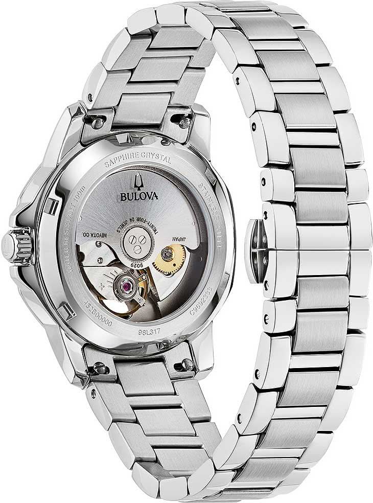 Bulova damklocka baksida med öppet automatiskt urverk och rostfritt stålarmband