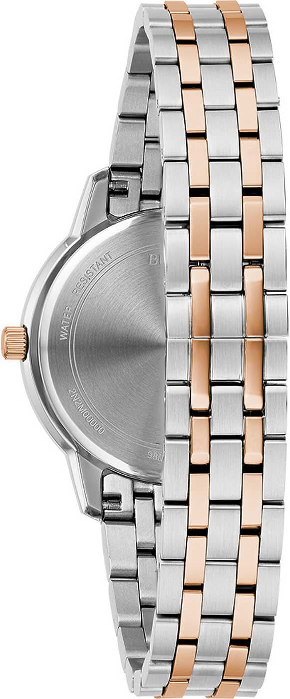 Bulova damklocka baksida: tvåfärgat armband i rostfritt stål, rund boett
