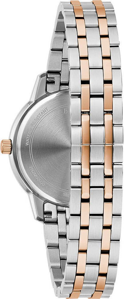 Bulova damklocka baksida: tvåfärgat armband i rostfritt stål, rund boett
